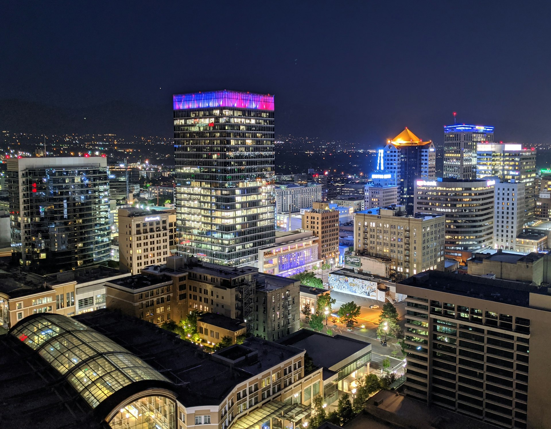 Downtown Salt Lake City skyline illuminated at night